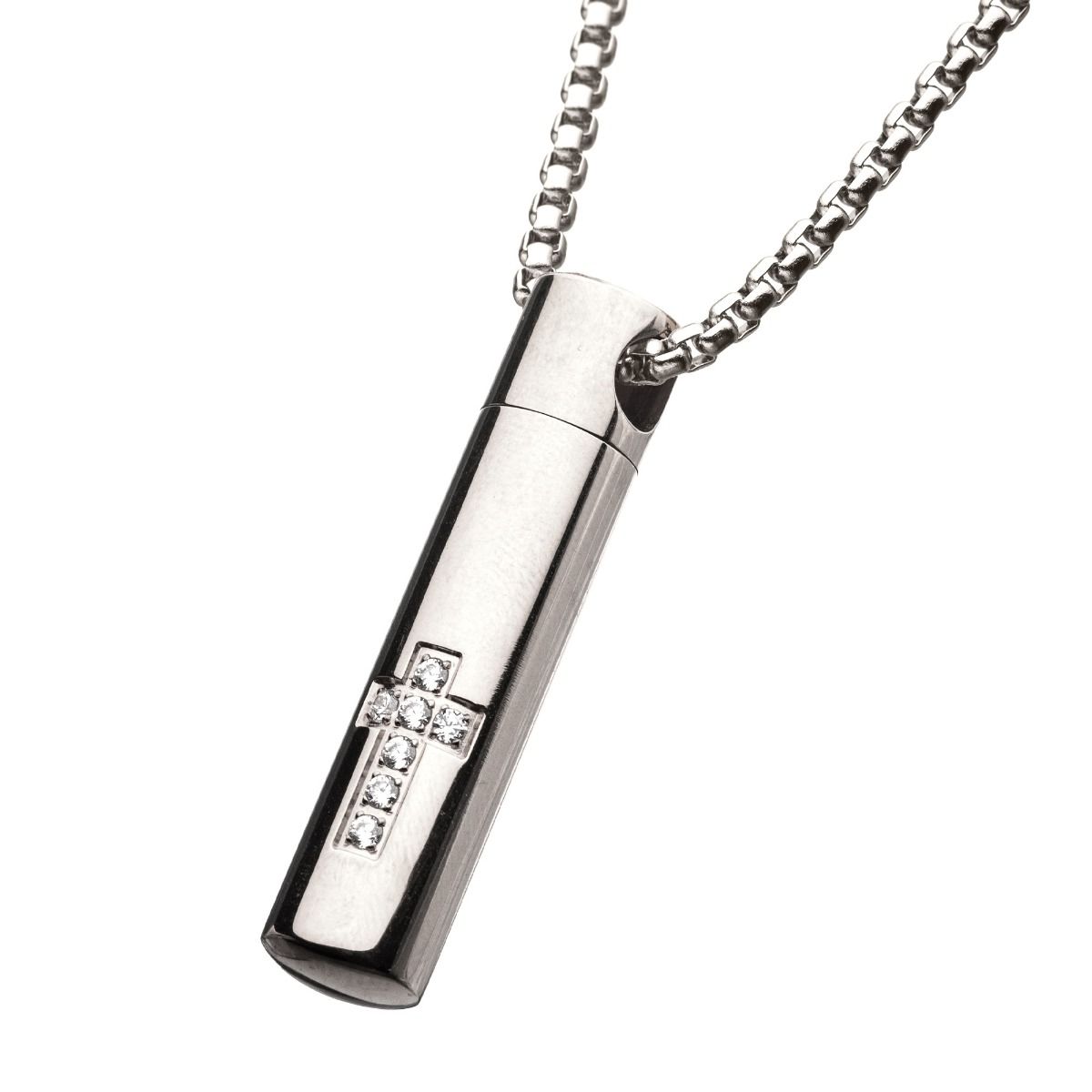 Stainless Steel Memorial Cross Pendant with Clear CZ & Steel Box Chain