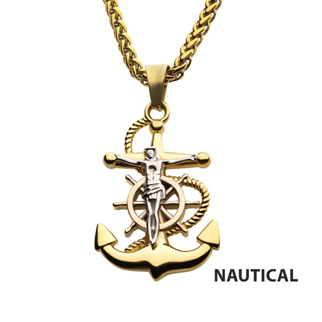 18k Gold Plated Anchor With Silver Plated Jesus Steel Pendant With 18k Gold Plated Wheat Chain (ssp22506nk)
