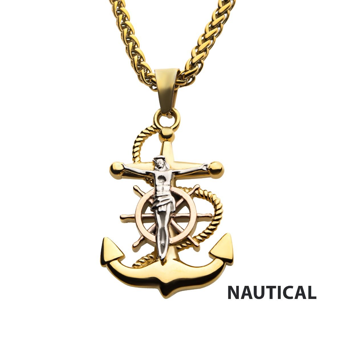18k Gold Plated Anchor With Silver Plated Jesus Steel Pendant With 18k Gold Plated Wheat Chain (ssp22506nk)