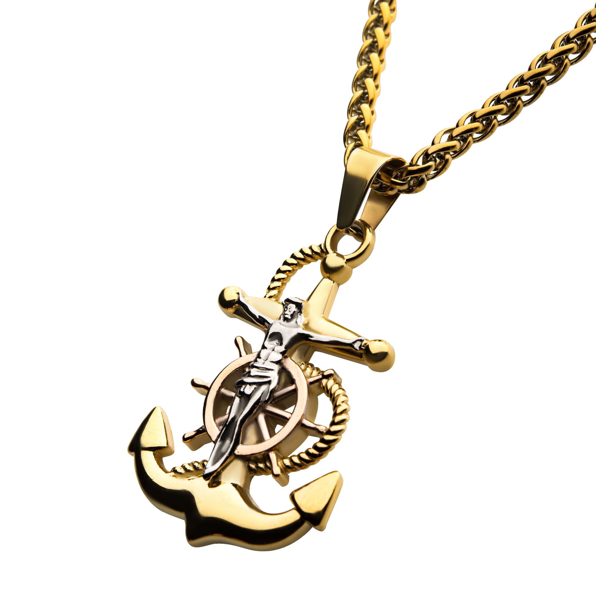18k Gold Plated Anchor With Silver Plated Jesus Steel Pendant With 18k Gold Plated Wheat Chain (ssp22506nk)
