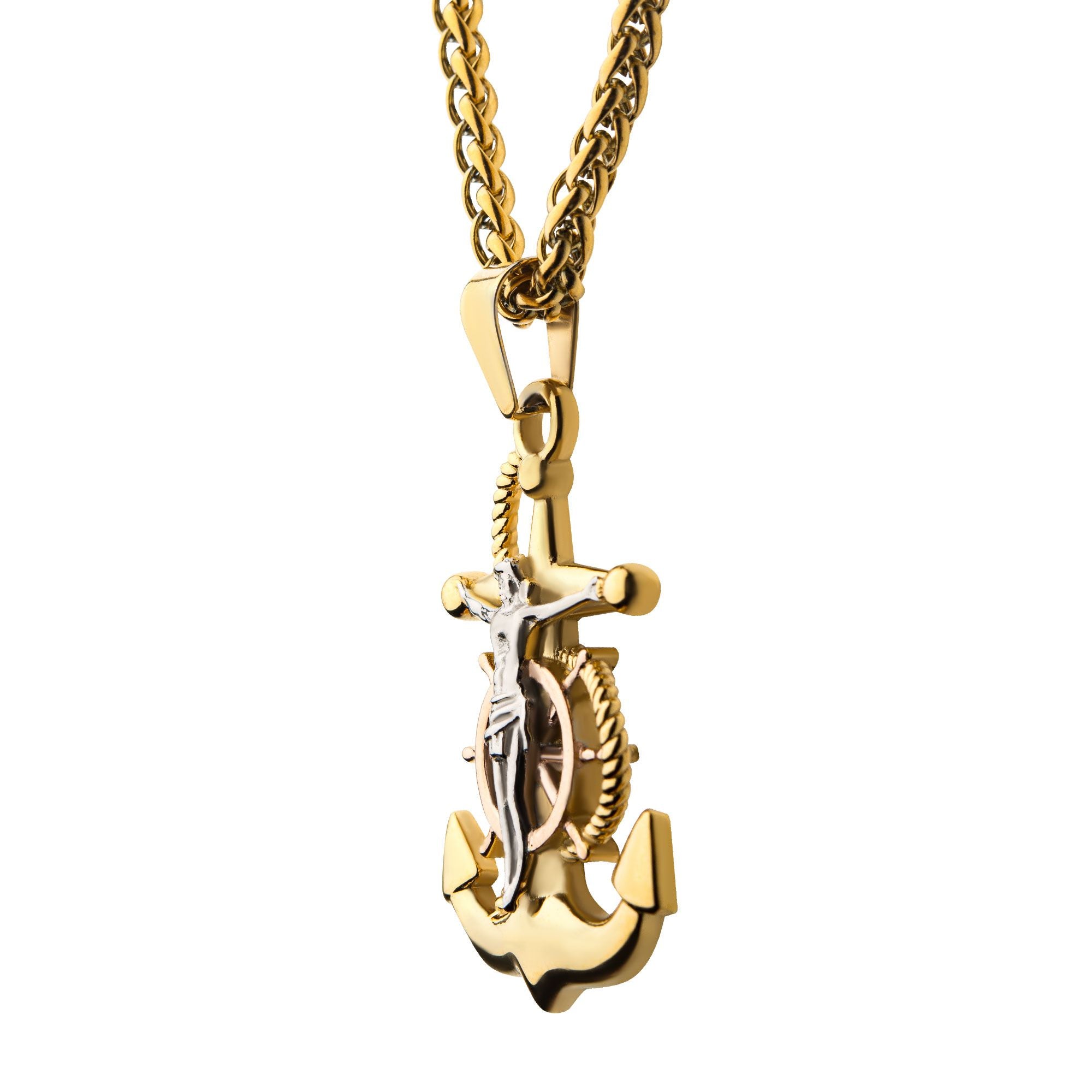 18k Gold Plated Anchor With Silver Plated Jesus Steel Pendant With 18k Gold Plated Wheat Chain (ssp22506nk)