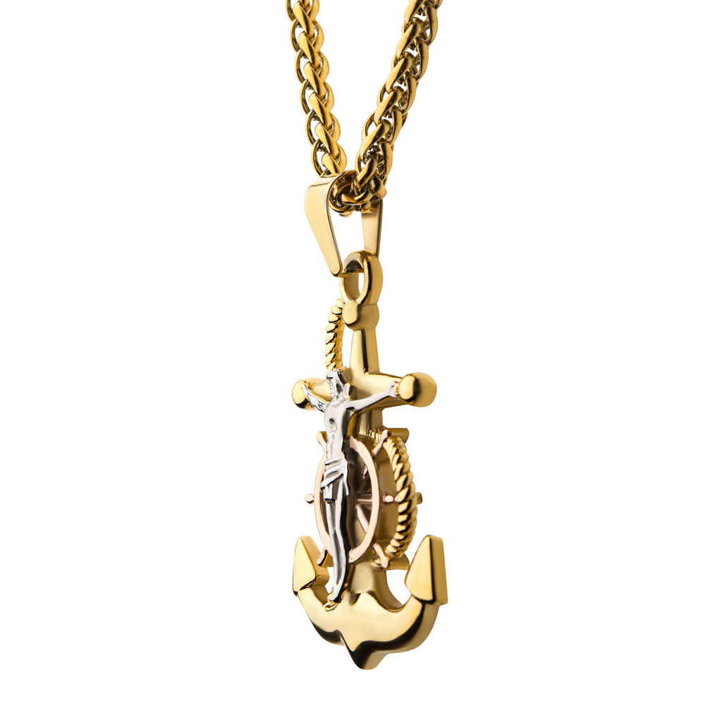 18k Gold Plated Anchor With Silver Plated Jesus Steel Pendant With 18k Gold Plated Wheat Chain (ssp22506nk)
