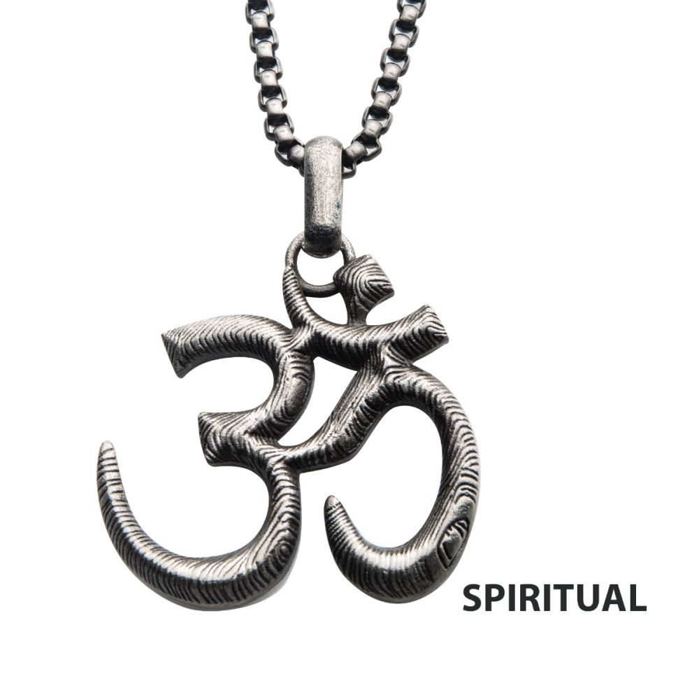 stainless Steel With Antique Finish Om Symbol Pendant With Steel Box Chain