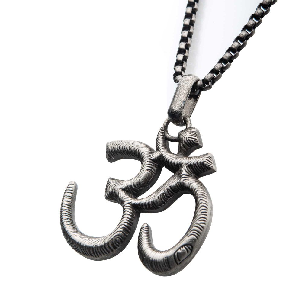 stainless Steel With Antique Finish Om Symbol Pendant With Steel Box Chain