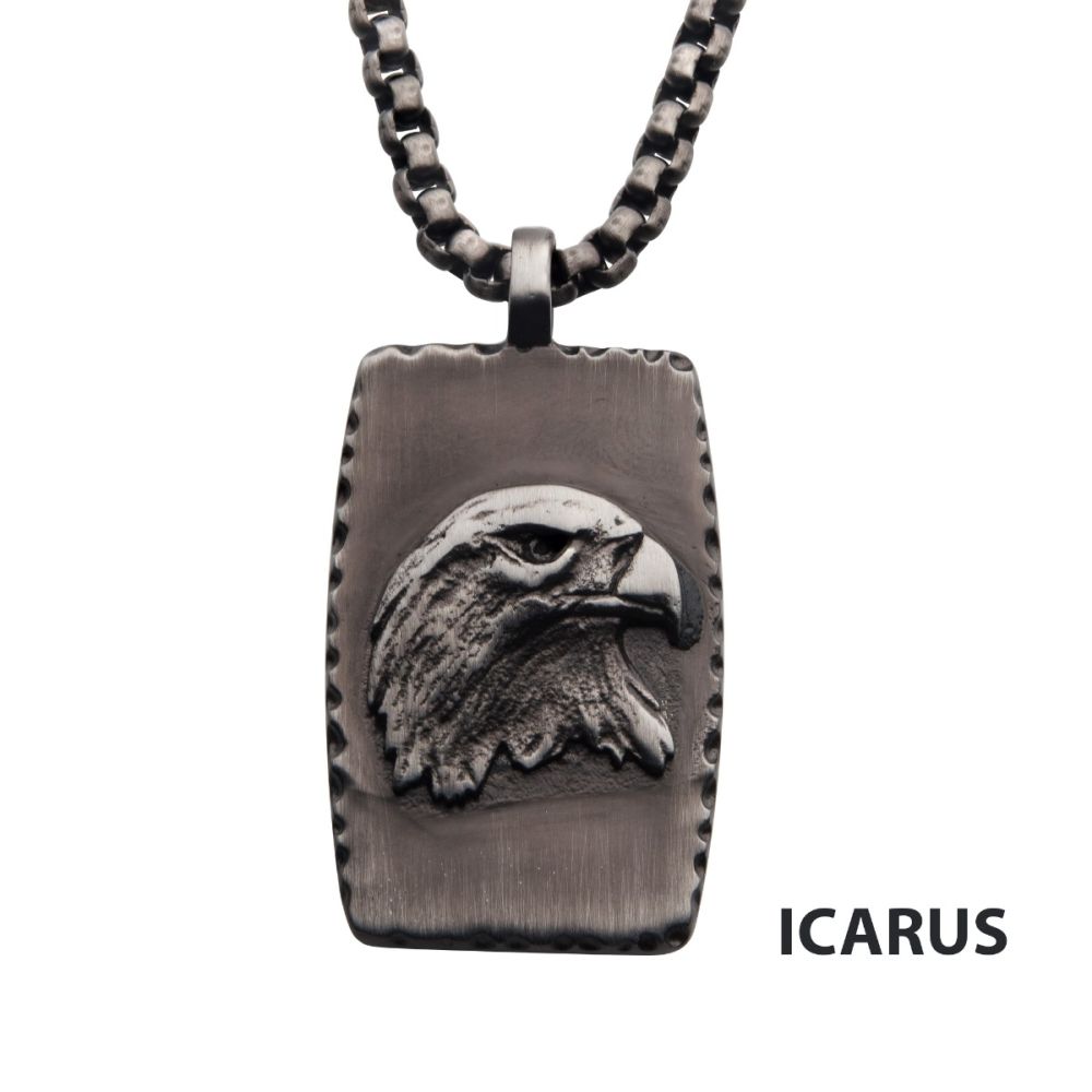 Gun Metal Ip Eagle Inlay Dog Tag Pendant With Round Box Chain