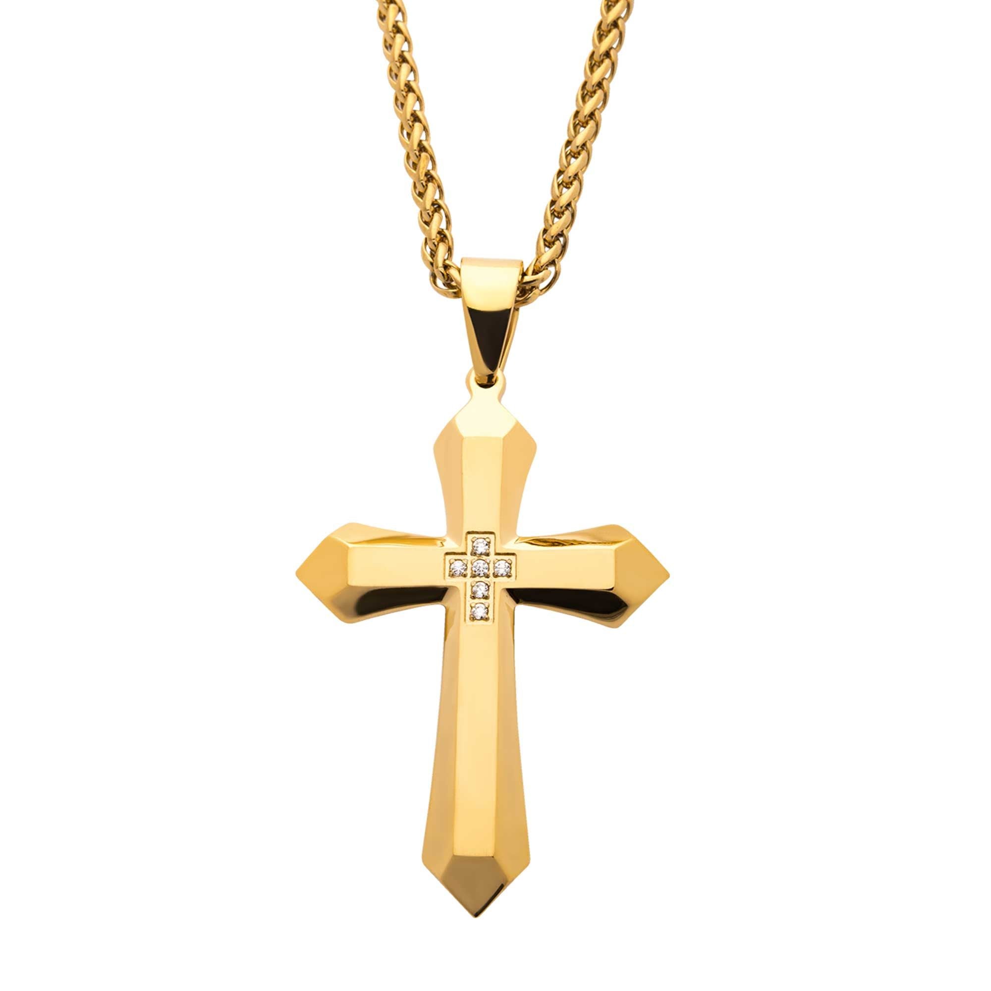 Gold Plated Cross With 6pcs Cnc Prong Set Clear Aaa Cz Pendant With Gold Plated Wheat Chain (ssp341ygnk)