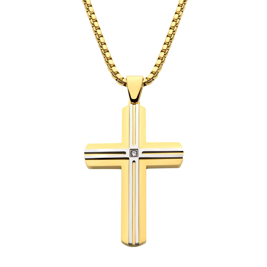 18k Gold Ip _amp_ Thin Steel Line Layered Cross Pendant With Clear Cz_ With Box Chain (ssp485ygpnk)