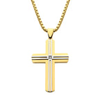 18k Gold Ip _amp_ Thin Steel Line Layered Cross Pendant With Clear Cz_ With Box Chain (ssp485ygpnk)