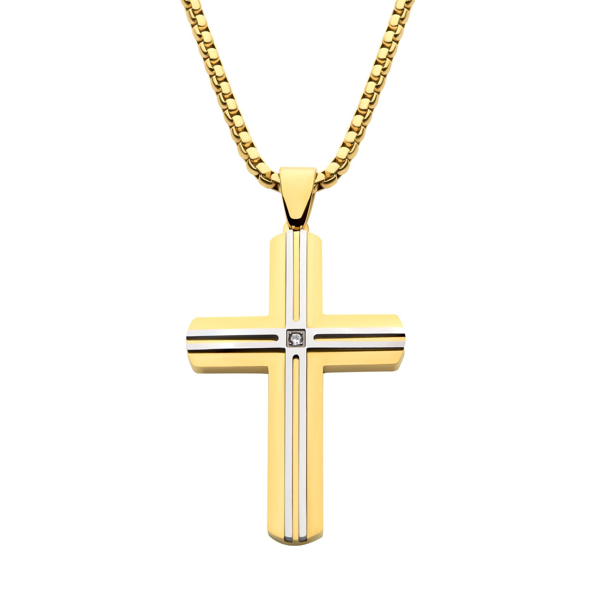 18k Gold Ip _amp_ Thin Steel Line Layered Cross Pendant With Clear Cz_ With Box Chain (ssp485ygpnk)