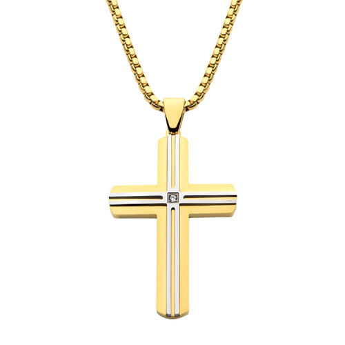 18k Gold Ip _amp_ Thin Steel Line Layered Cross Pendant With Clear Cz_ With Box Chain (ssp485ygpnk)
