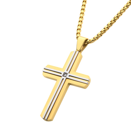 18k Gold Ip _amp_ Thin Steel Line Layered Cross Pendant With Clear Cz_ With Box Chain (ssp485ygpnk)