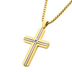 18k Gold Ip _amp_ Thin Steel Line Layered Cross Pendant With Clear Cz_ With Box Chain (ssp485ygpnk)