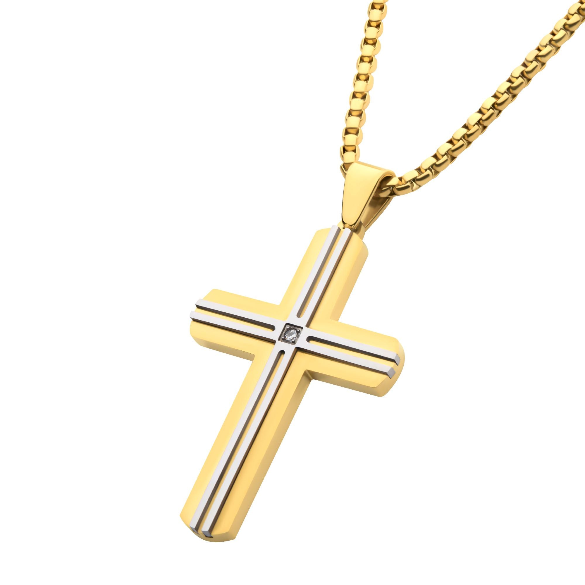18k Gold Ip _amp_ Thin Steel Line Layered Cross Pendant With Clear Cz_ With Box Chain (ssp485ygpnk)