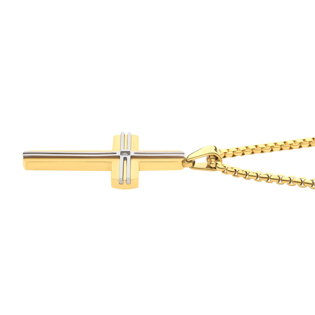 18k Gold Ip _amp_ Thin Steel Line Layered Cross Pendant With Clear Cz_ With Box Chain (ssp485ygpnk)