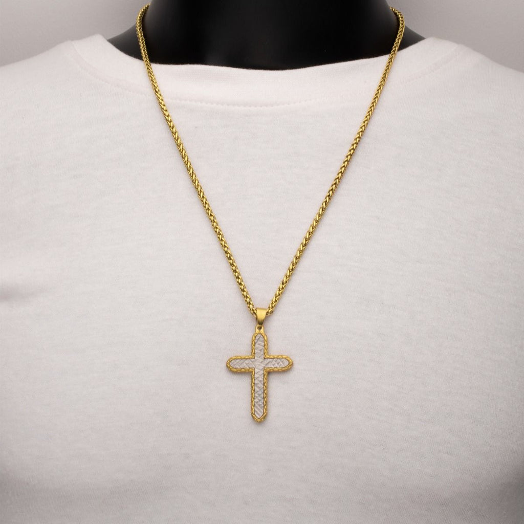 18Kt Gold IP Stainless Steel Chiseled Bold Cross Firenze Pendant with Wheat Chain