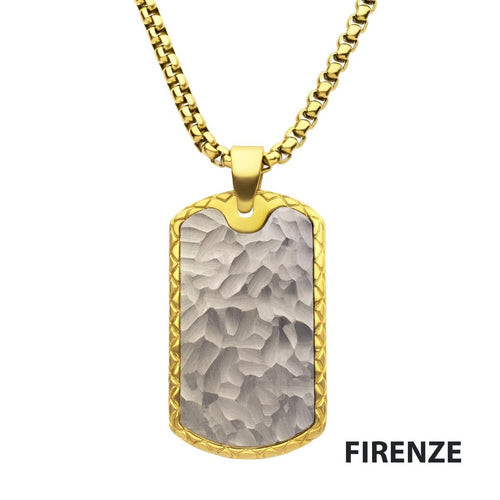 18Kt Gold IP Stainless Steel Chiseled Bold Tag Firenze Pendant with Box Chain