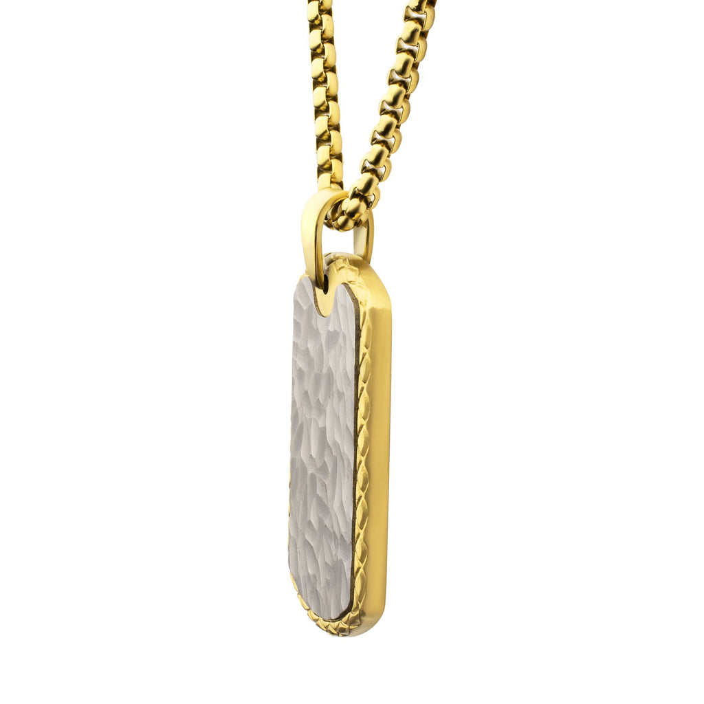 18Kt Gold IP Stainless Steel Chiseled Bold Tag Firenze Pendant with Box Chain