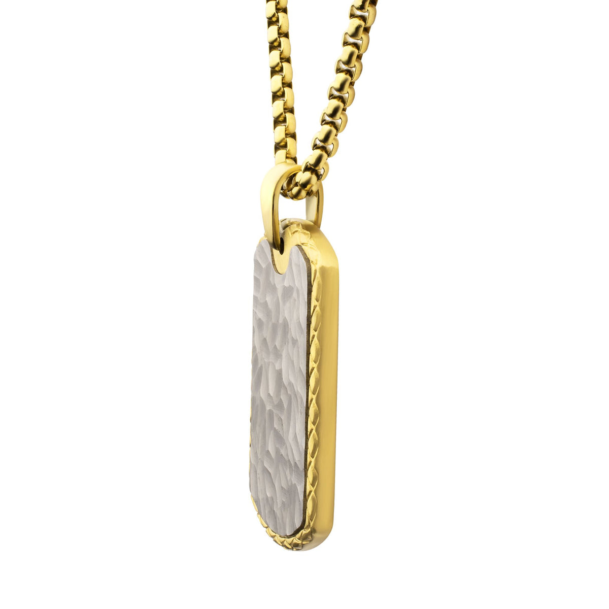 18Kt Gold IP Stainless Steel Chiseled Bold Tag Firenze Pendant with Box Chain