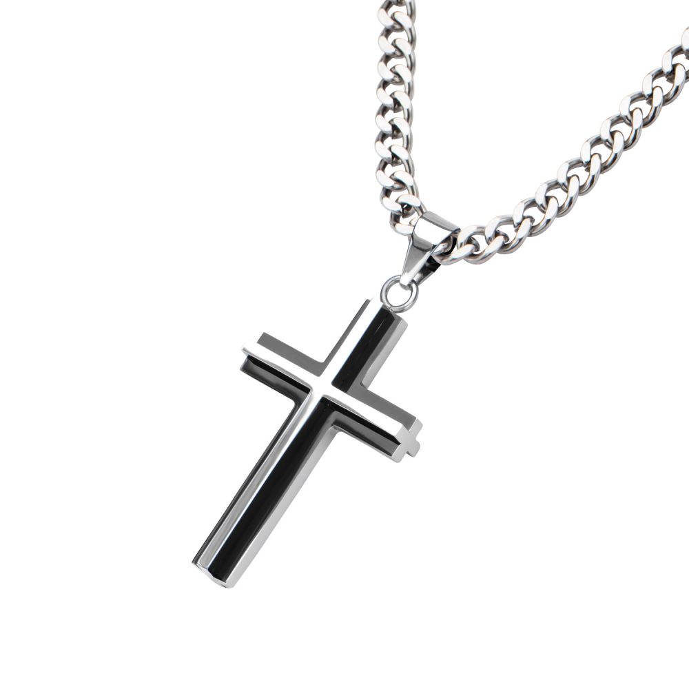 Black IP & Steel 3D Cross Pendant ssp8915nk (pendant with chain)