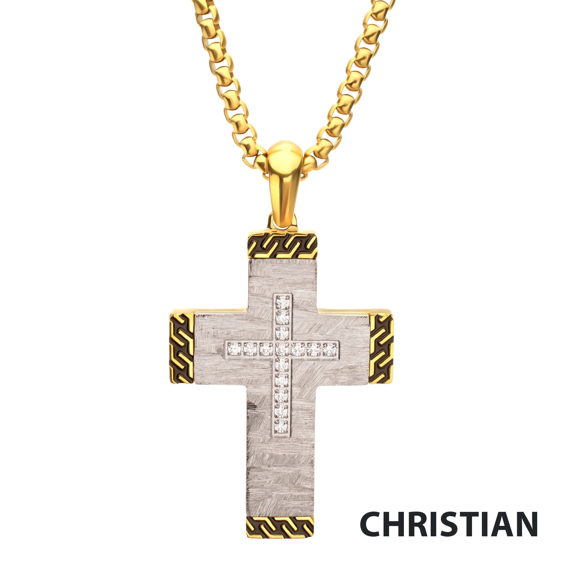 Stainless Steel Clear CZ Gem Gold Black Edge Textured Cross Pendant (ssp959gsnk)