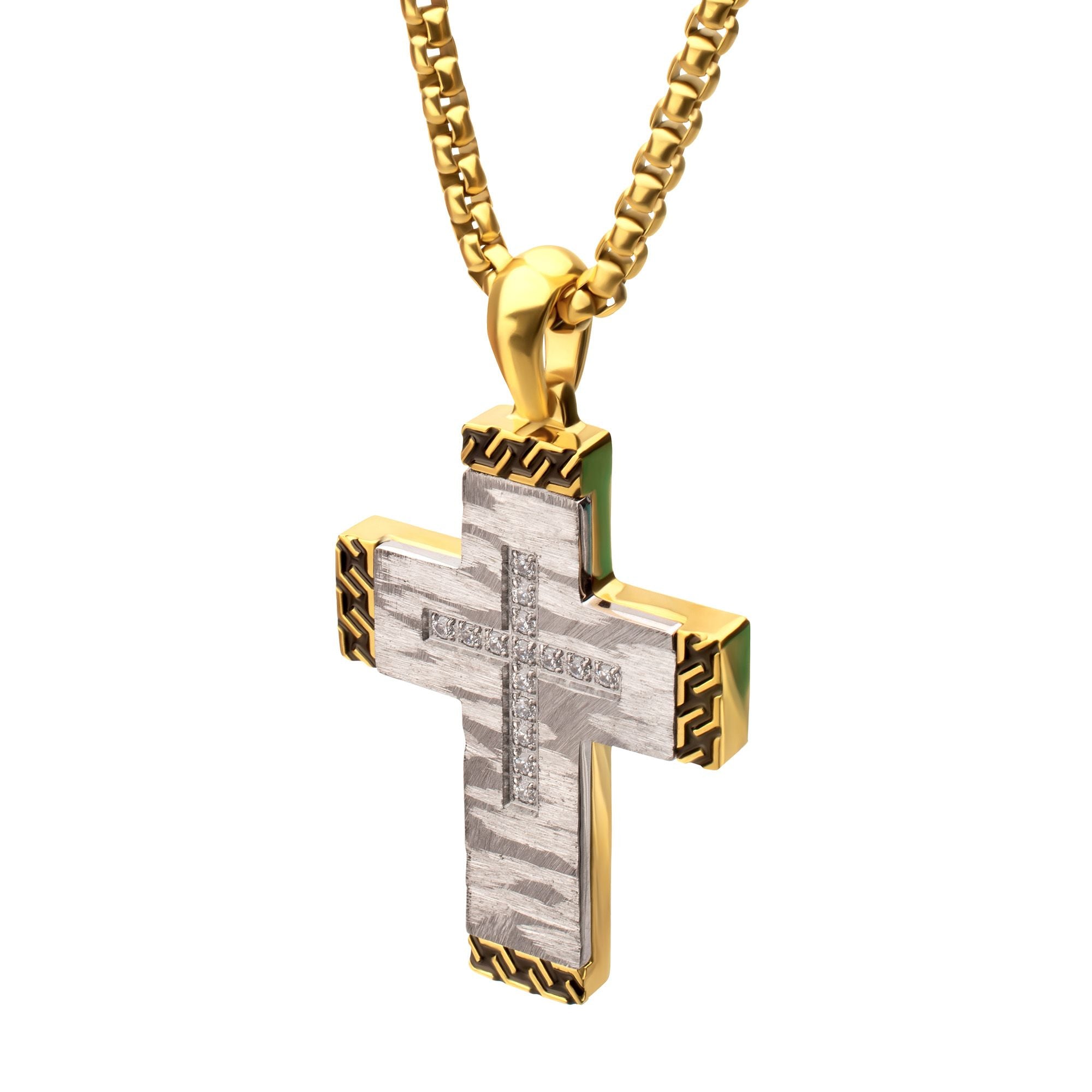 Stainless Steel Clear CZ Gem Gold Black Edge Textured Cross Pendant (ssp959gsnk)