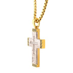 Stainless Steel Clear CZ Gem Gold Black Edge Textured Cross Pendant (ssp959gsnk)
