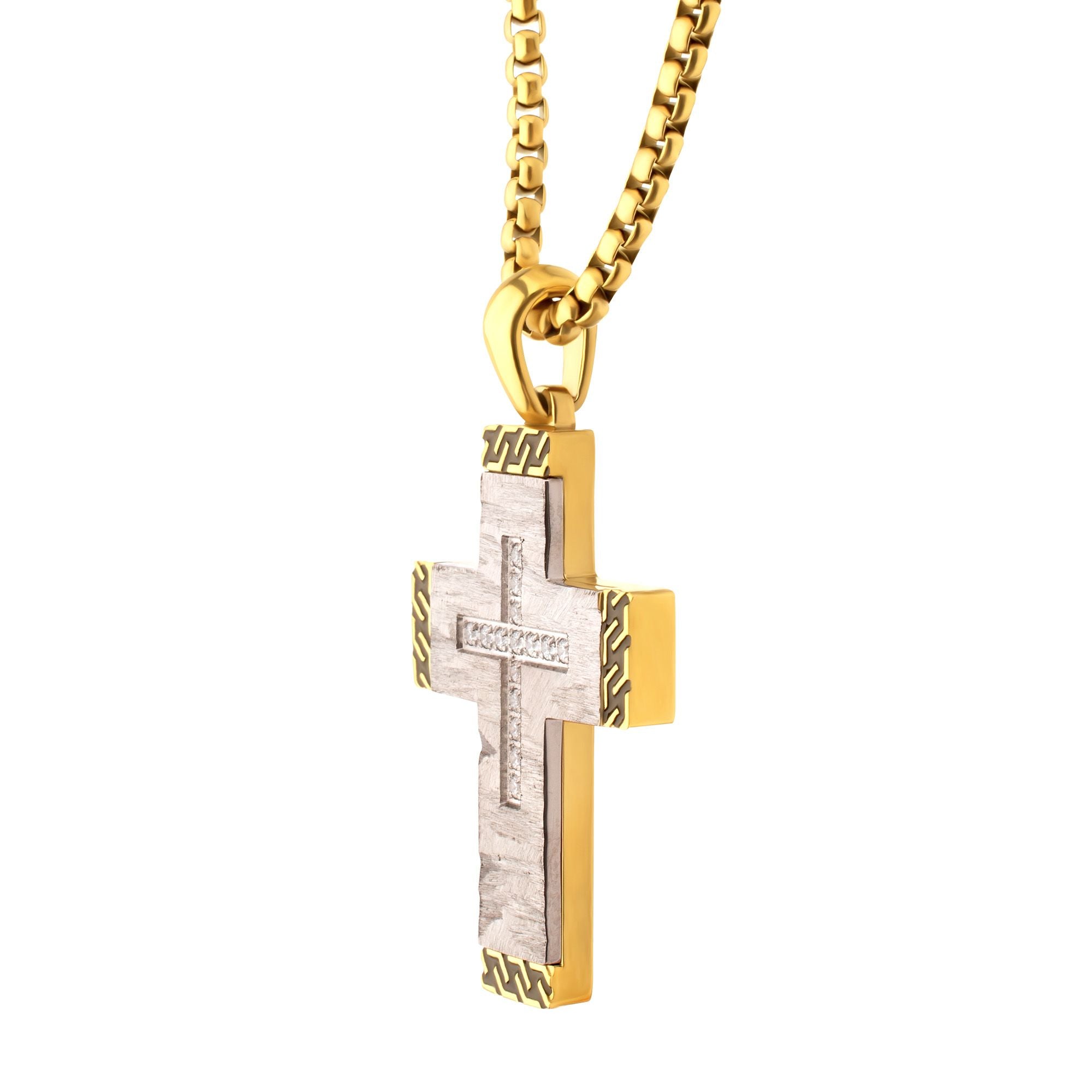 Stainless Steel Clear CZ Gem Gold Black Edge Textured Cross Pendant (ssp959gsnk)