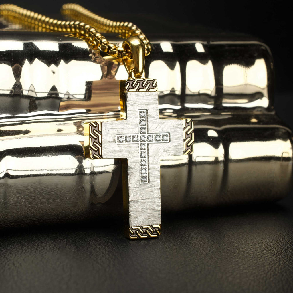 Stainless Steel Clear CZ Gem Gold Black Edge Textured Cross Pendant (ssp959gsnk)