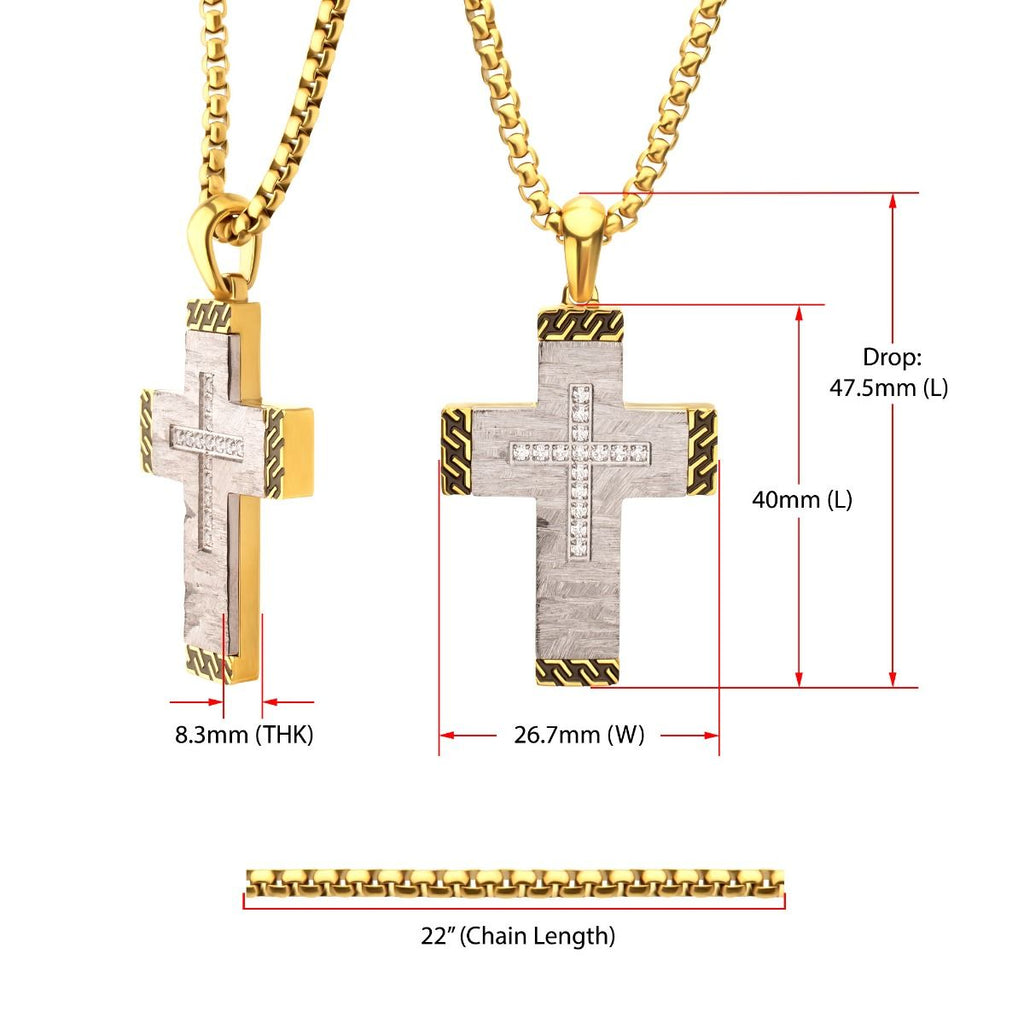 Stainless Steel Clear CZ Gem Gold Black Edge Textured Cross Pendant (ssp959gsnk)