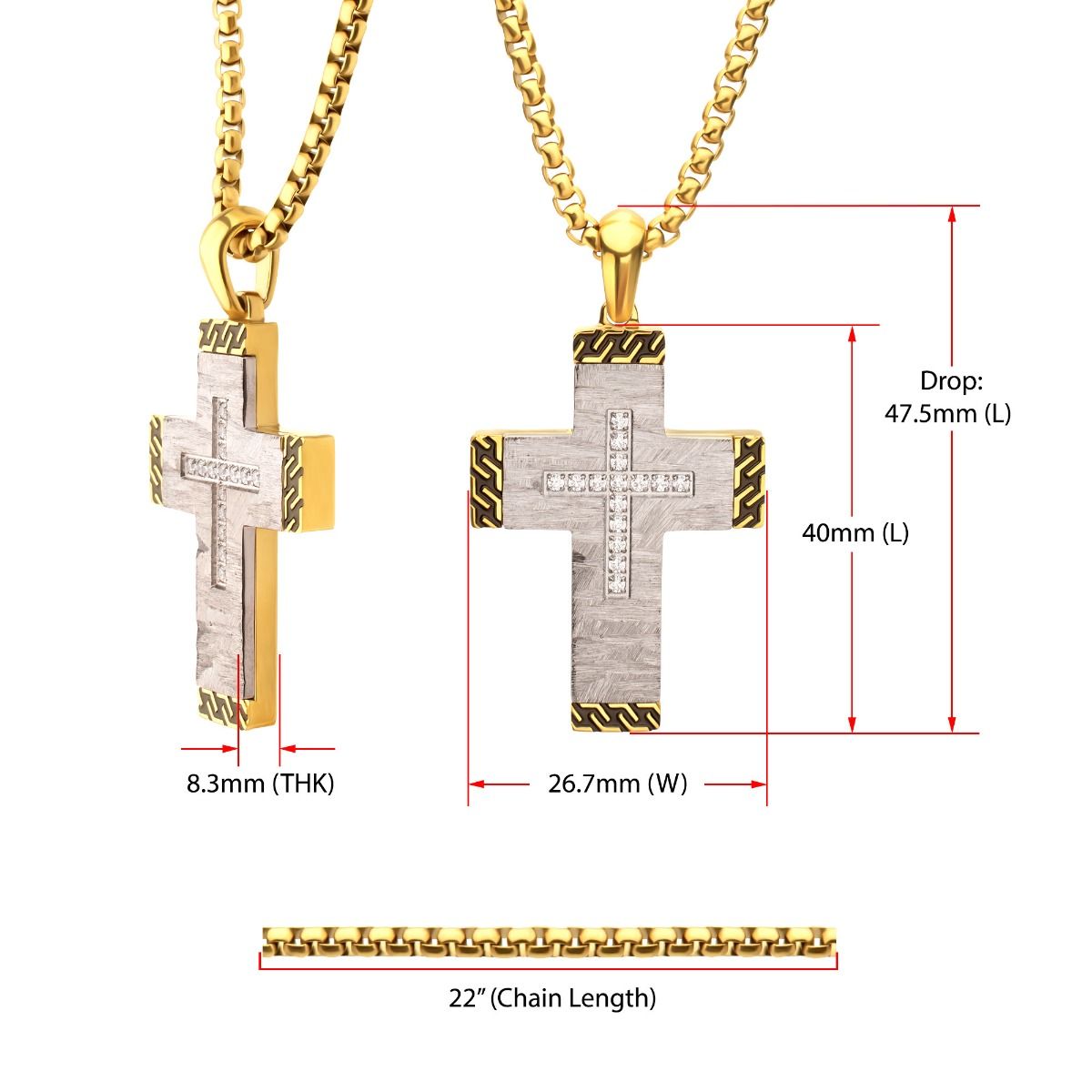 Stainless Steel Clear CZ Gem Gold Black Edge Textured Cross Pendant (ssp959gsnk)