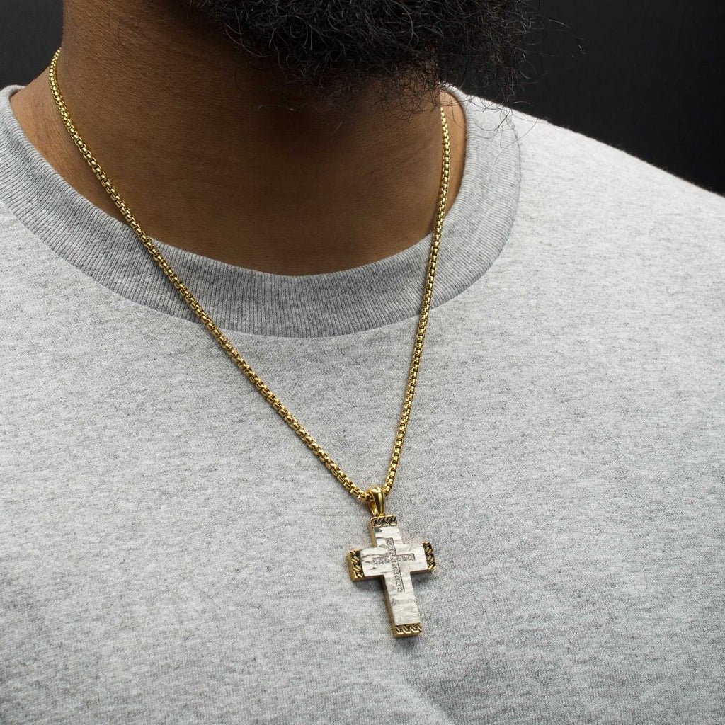 Stainless Steel Clear CZ Gem Gold Black Edge Textured Cross Pendant (ssp959gsnk)