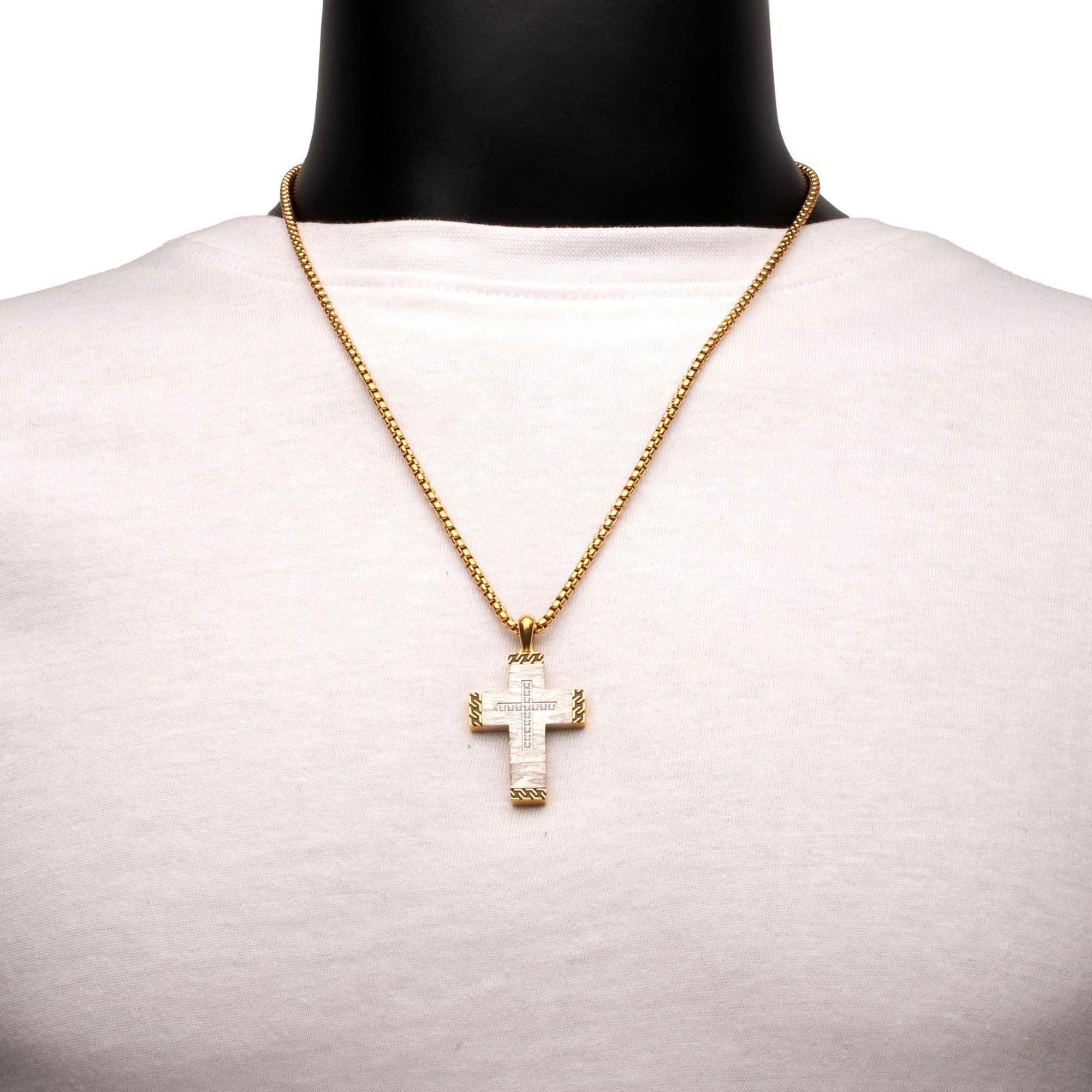 Stainless Steel Clear CZ Gem Gold Black Edge Textured Cross Pendant (ssp959gsnk)