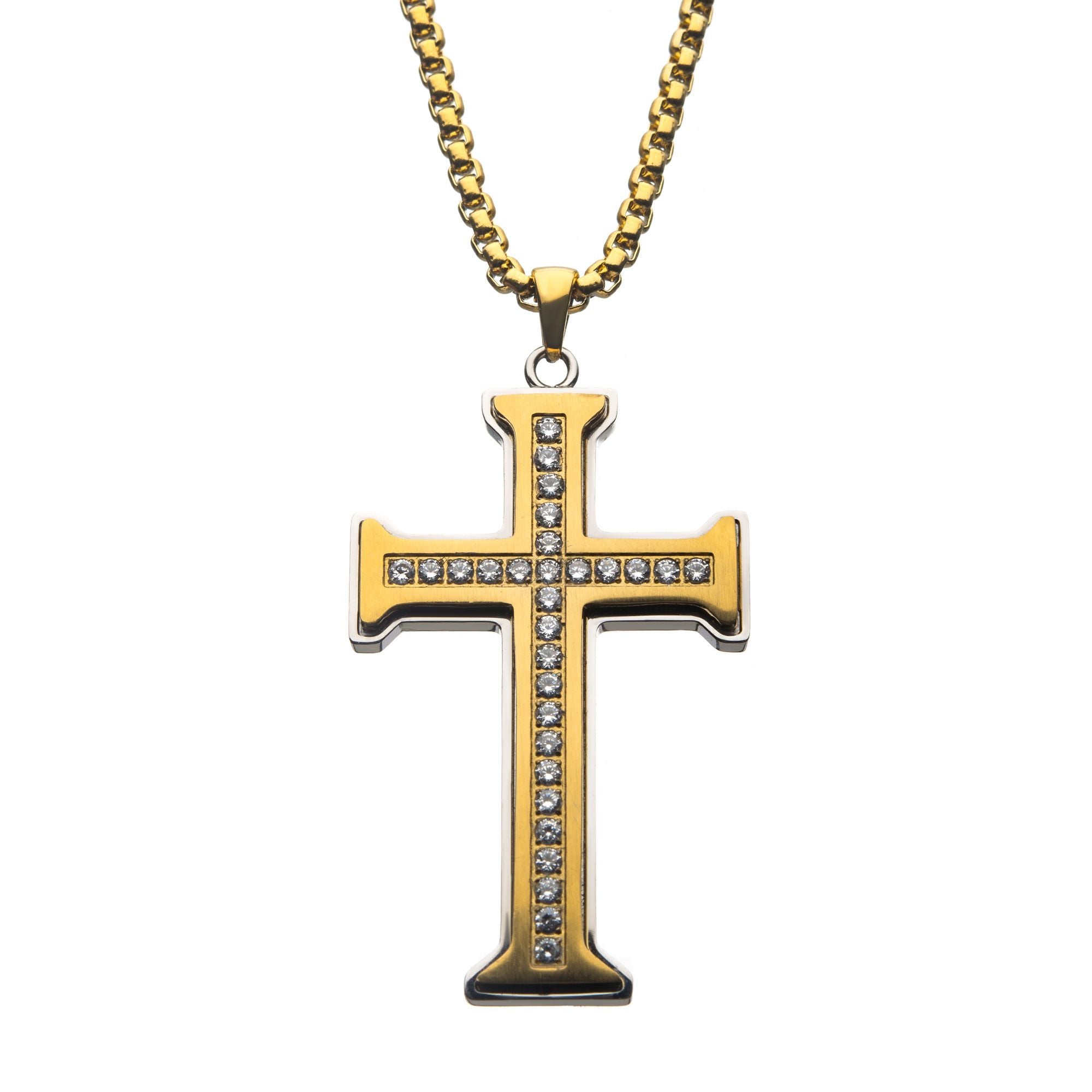 Clear Cz Gold Plated Cross Pendant In A Steel Chain (ssp9915nk)
