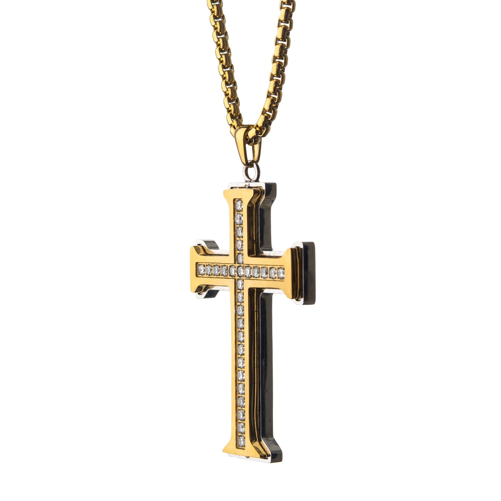 Clear Cz Gold Plated Cross Pendant In A Steel Chain (ssp9915nk)