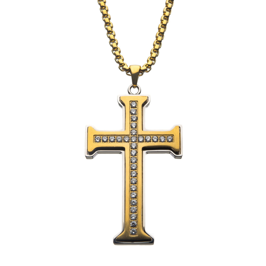 Clear Cz Gold Plated Cross Pendant In A Steel Chain (ssp9915nk)