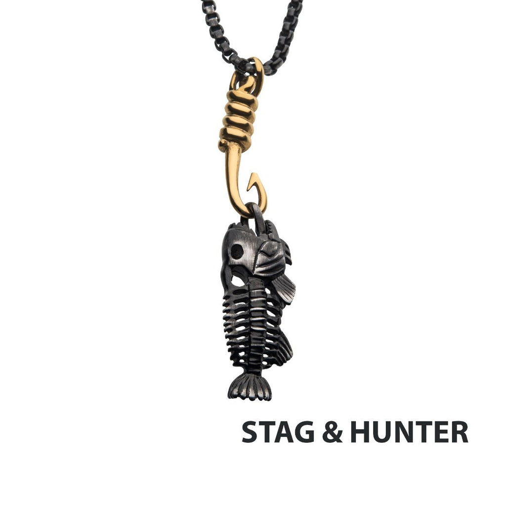 Black Plated Fishbone Pendant On A Polished Gold Plated Hook With Black Plated Box Chain (sspwt019gdnk)