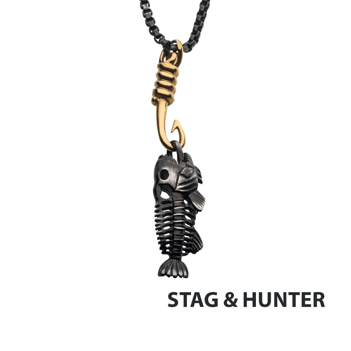 Black Plated Fishbone Pendant On A Polished Gold Plated Hook With Black Plated Box Chain (sspwt019gdnk)