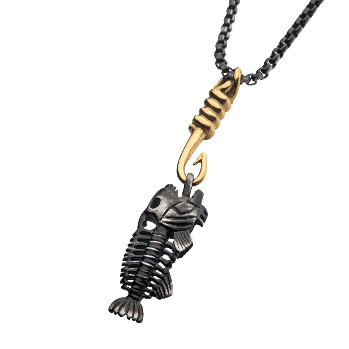 Black Plated Fishbone Pendant On A Polished Gold Plated Hook With Black Plated Box Chain (sspwt019gdnk)