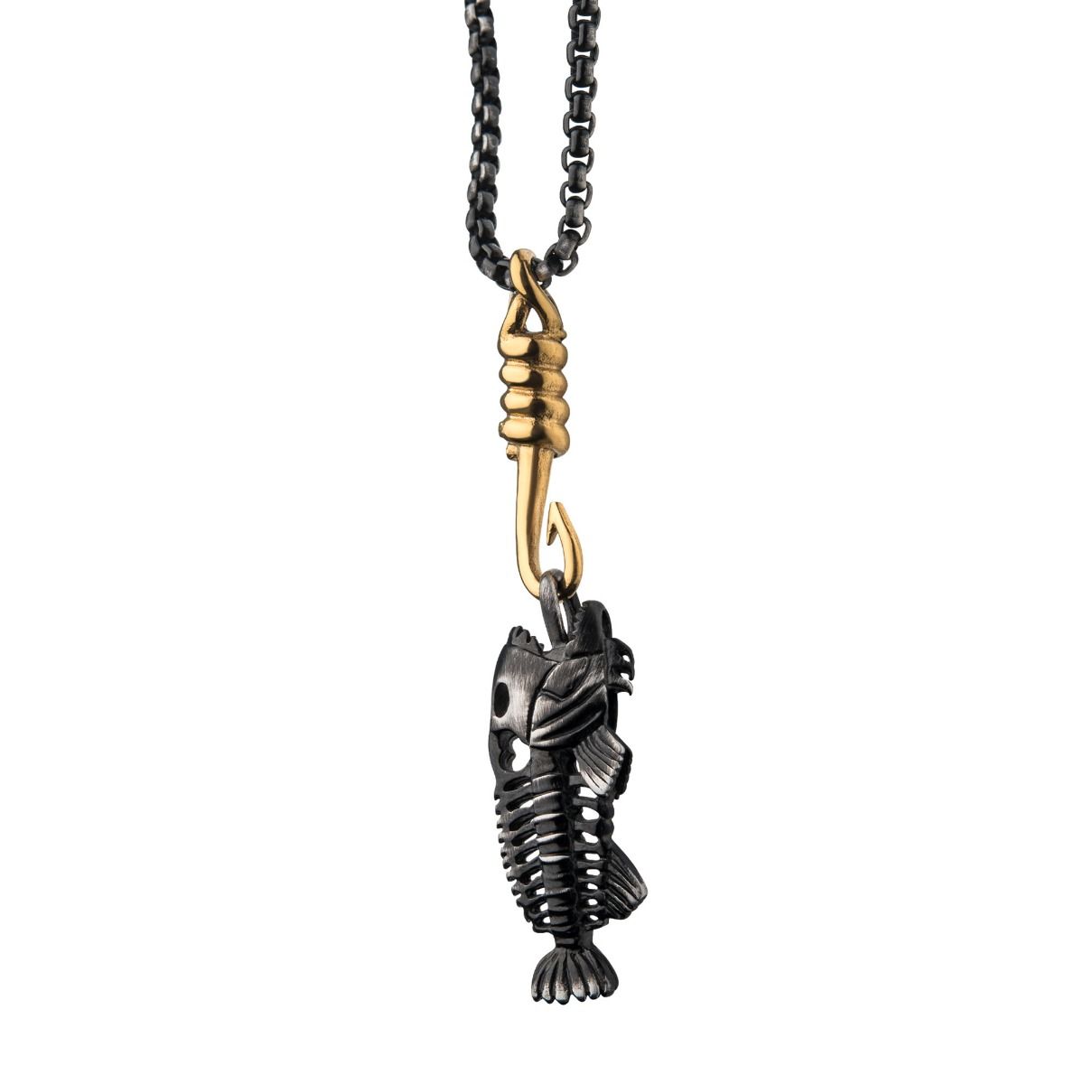 Black Plated Fishbone Pendant On A Polished Gold Plated Hook With Black Plated Box Chain (sspwt019gdnk)