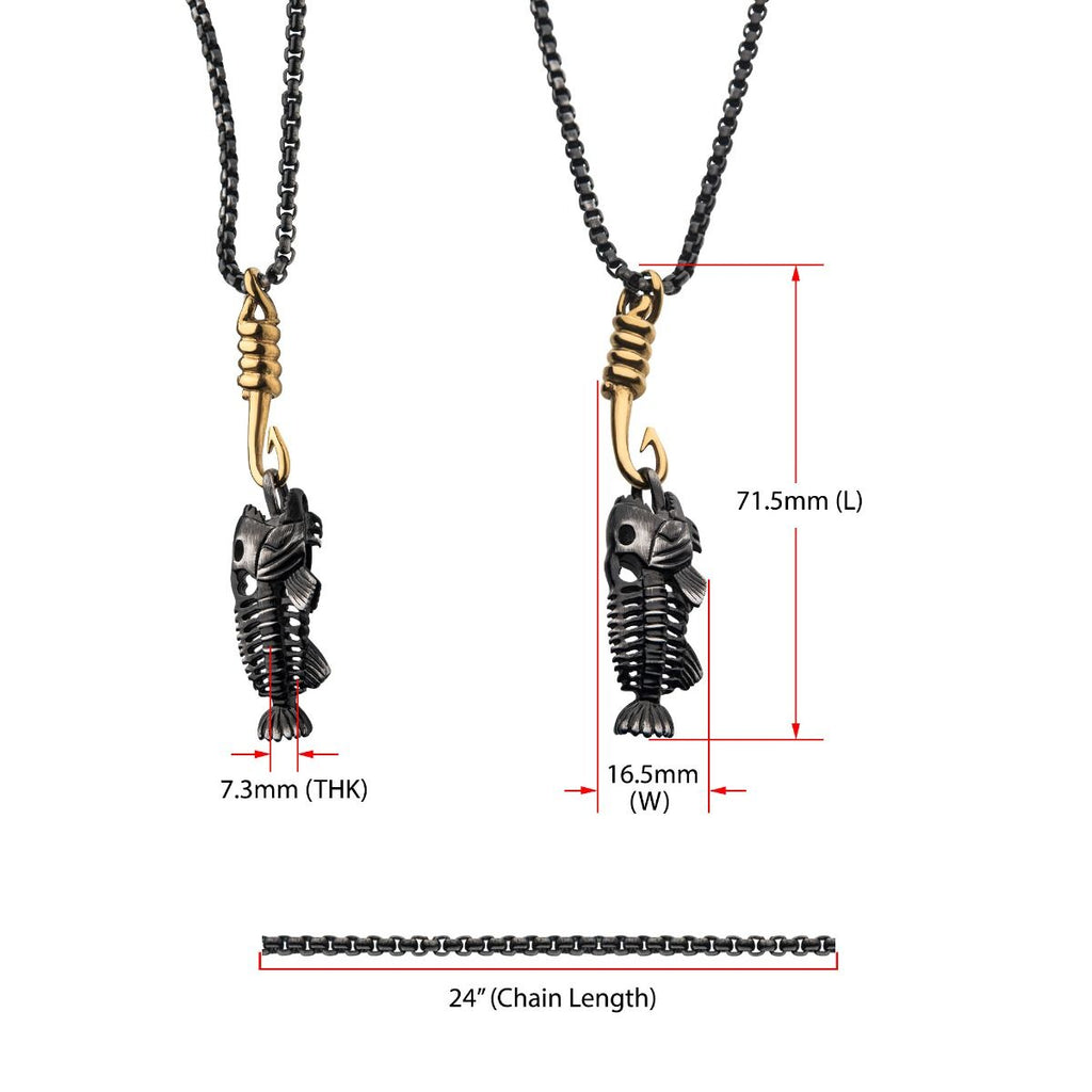 Black Plated Fishbone Pendant On A Polished Gold Plated Hook With Black Plated Box Chain (sspwt019gdnk)
