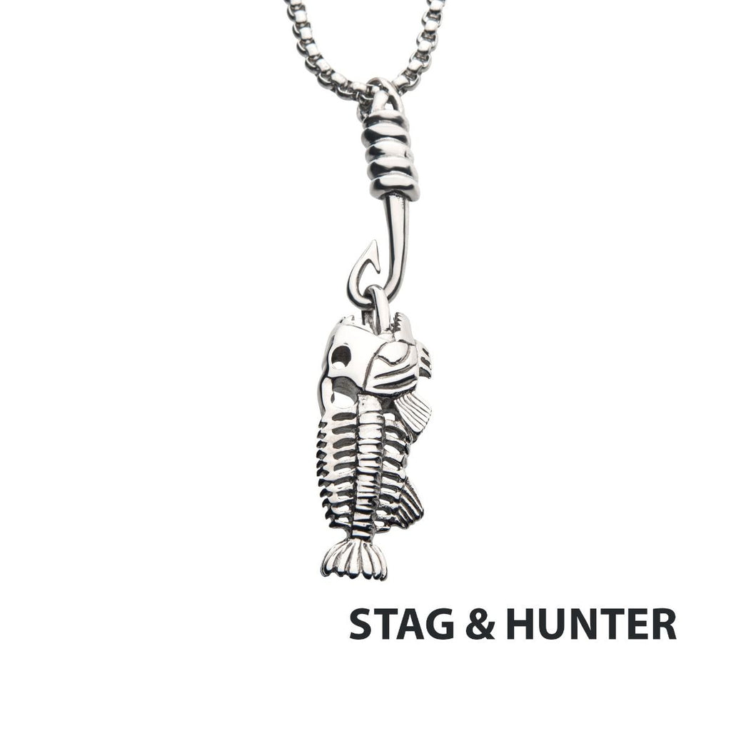 Polished Steel Fishbone Pendant With Hook Box Chain (sspwt019nk)