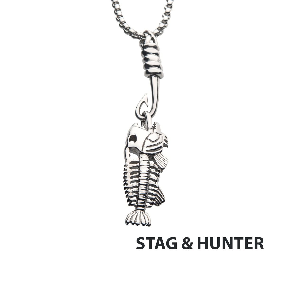 Polished Steel Fishbone Pendant With Hook Box Chain (sspwt019nk)