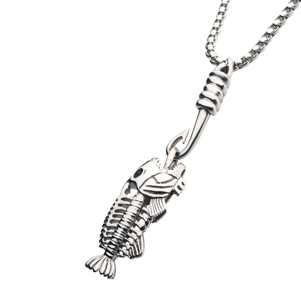 Polished Steel Fishbone Pendant With Hook Box Chain (sspwt019nk)