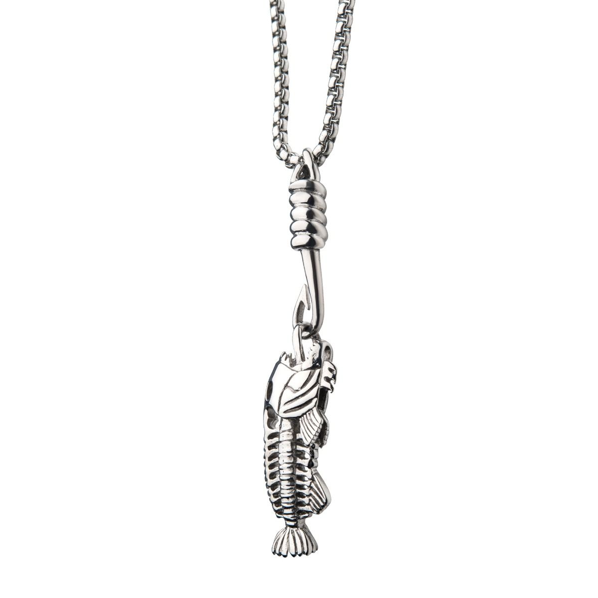 Polished Steel Fishbone Pendant With Hook Box Chain (sspwt019nk)