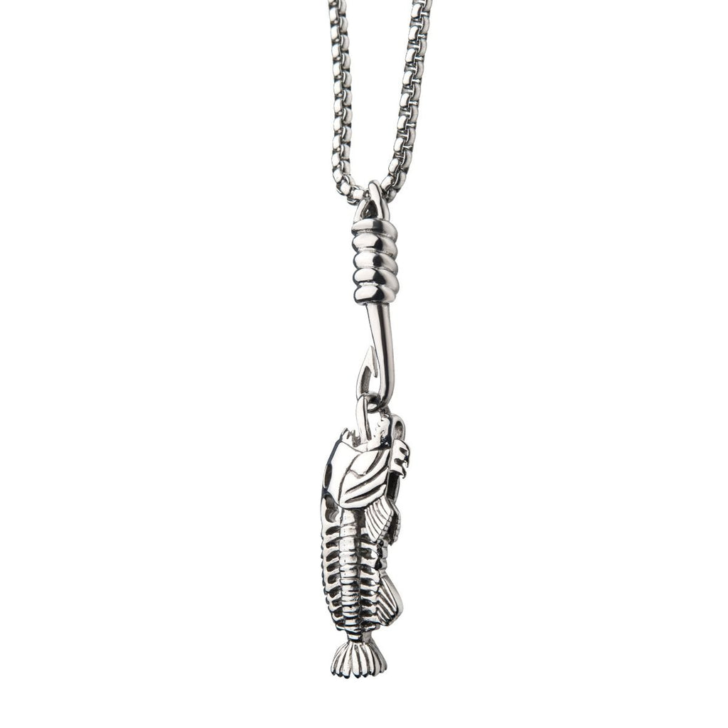 Polished Steel Fishbone Pendant With Hook Box Chain (sspwt019nk)