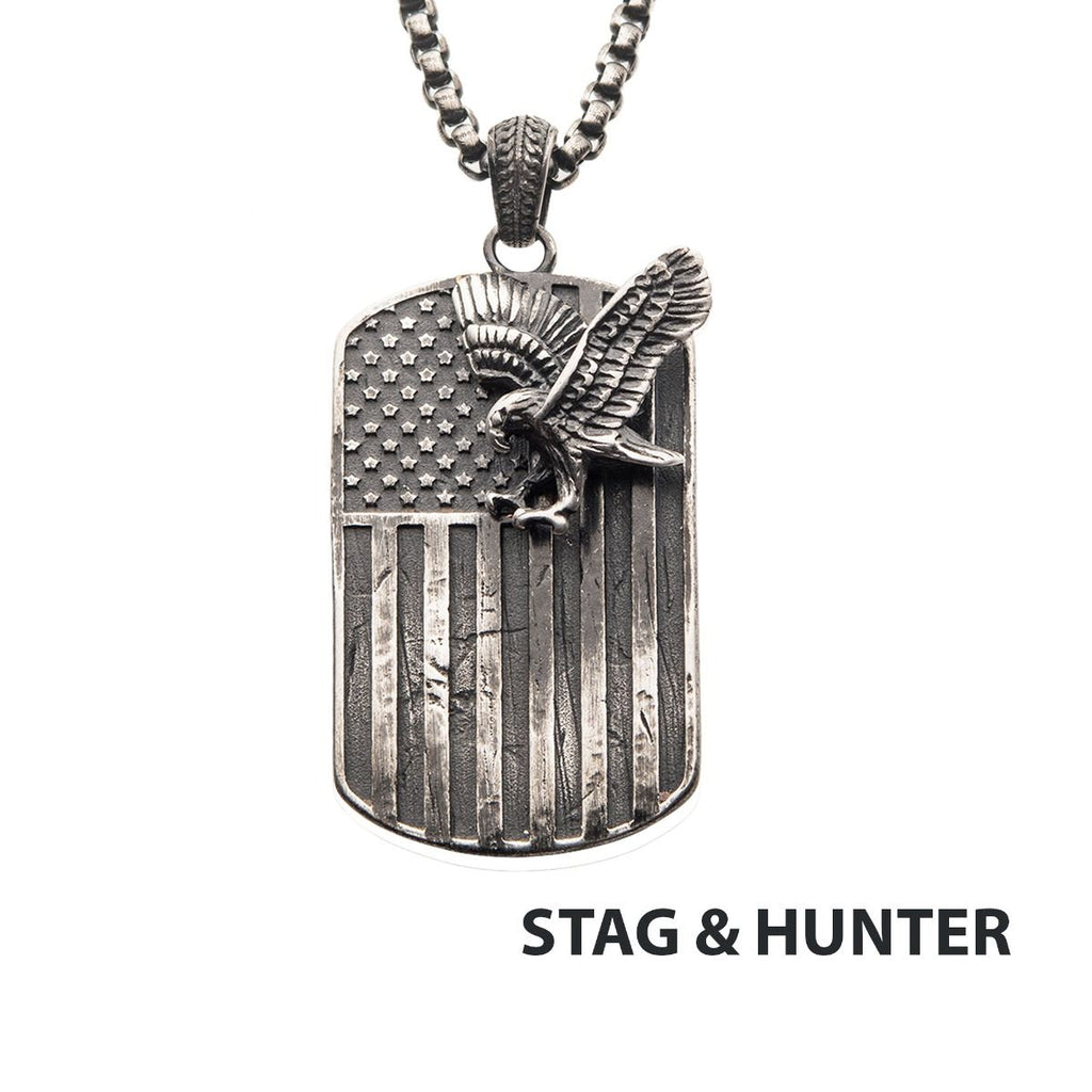 Gun Metal Plated Rugged American Flag With Polished Steel 3d Eagle Pendant With Box Chain (sspwt039nk)