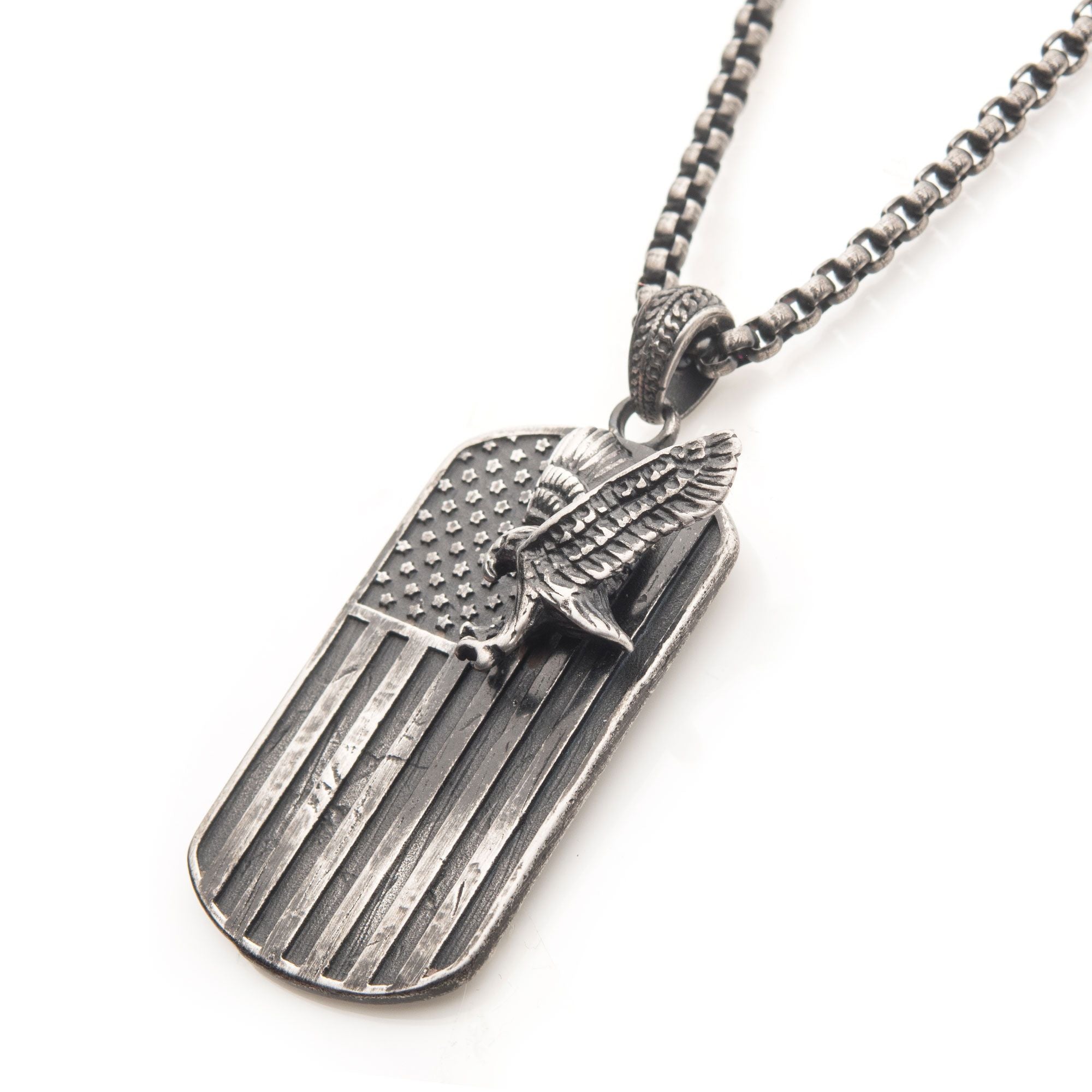 Gun Metal Plated Rugged American Flag With Polished Steel 3d Eagle Pendant With Box Chain (sspwt039nk)
