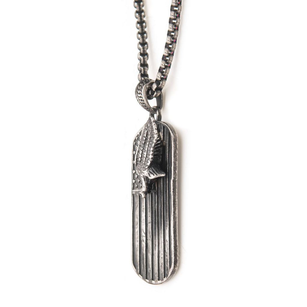 Gun Metal Plated Rugged American Flag With Polished Steel 3d Eagle Pendant With Box Chain (sspwt039nk)
