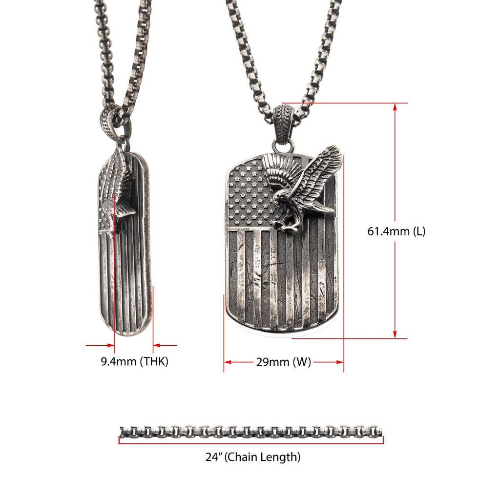 Gun Metal Plated Rugged American Flag With Polished Steel 3d Eagle Pendant With Box Chain (sspwt039nk)