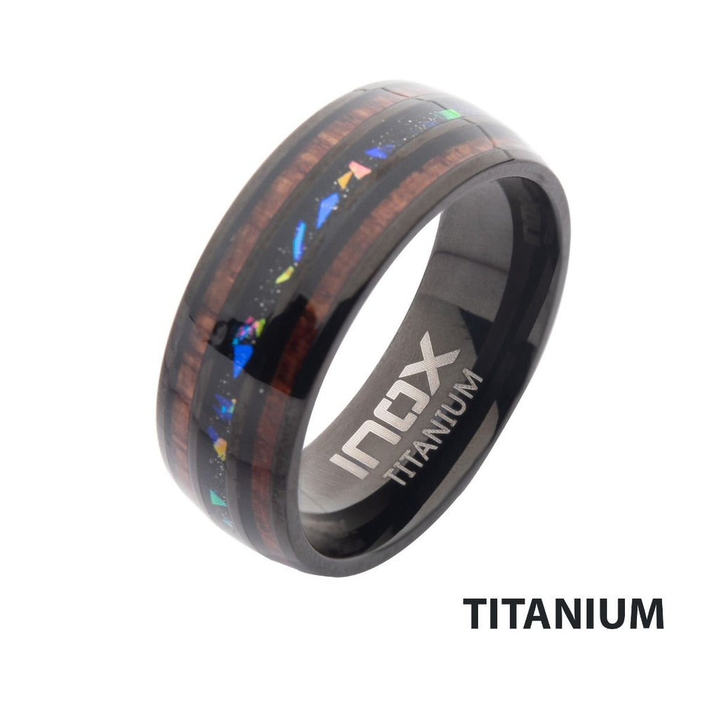 Titanium Black Ip Wood Opal Inlay Ring (tifr217)